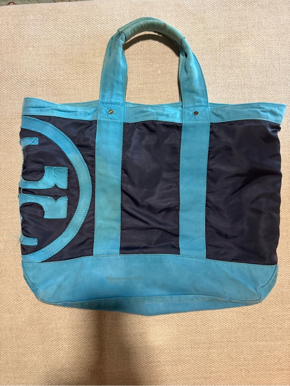 Authentic HTF OG Vintage Tory Burch Logo Navy Blue zipper top Canvas Beach Bag